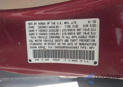 2006 Honda Cr-V Lx из США, поврежденный, VIN SHSRD68596U400687